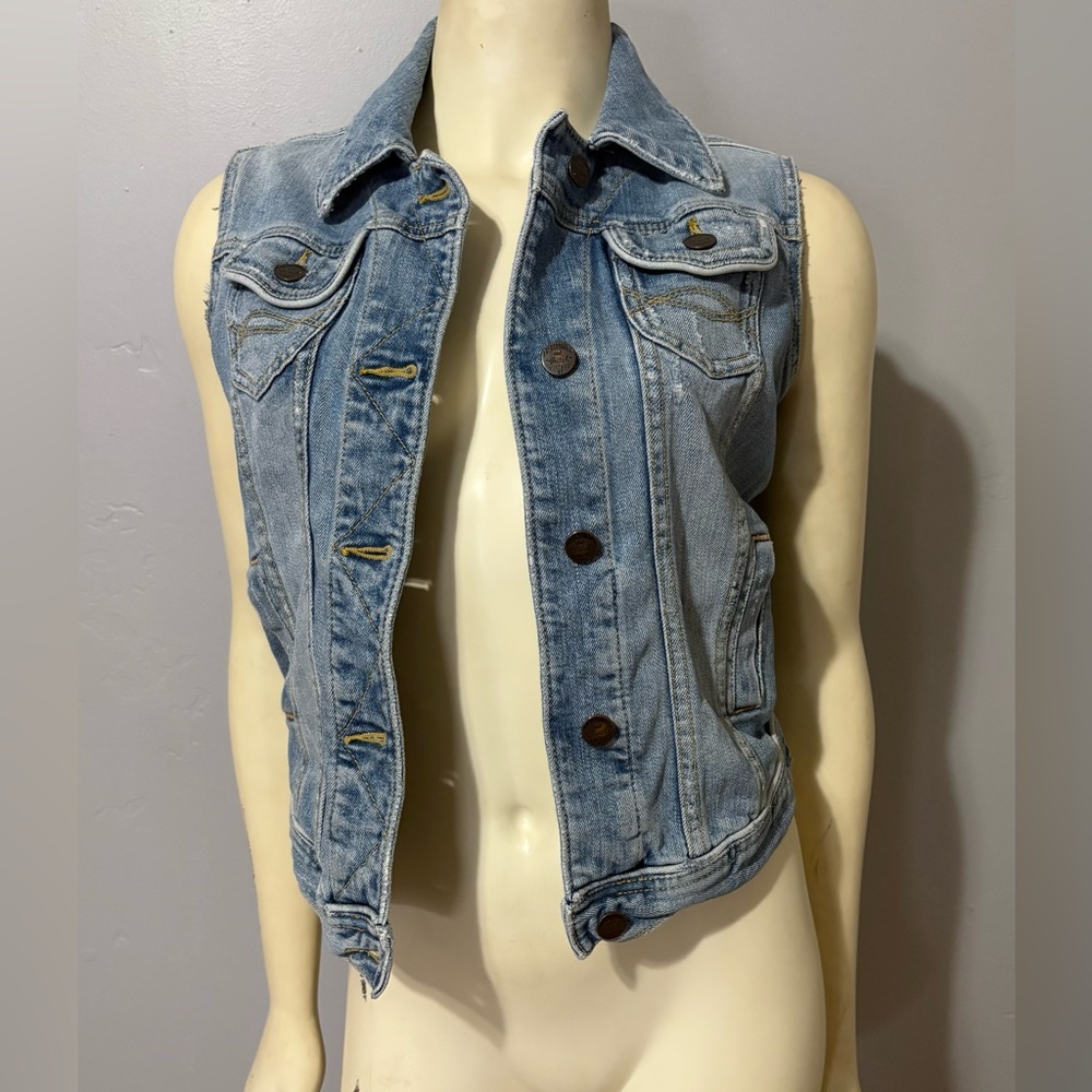 Vtg Abercrombie & Fitch Denim Jean Vest Jacket Button Flap Pockets Sz S Blue Y2K